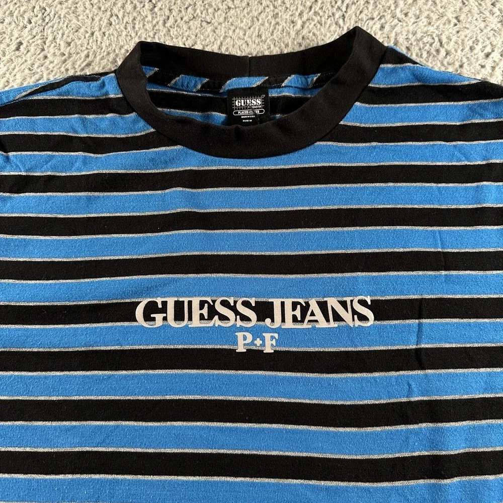 Vintage Guess Jeans Shirt Mens M Blue Black Striped Places+Faces Logo USA Tee - Picture 2 of 12